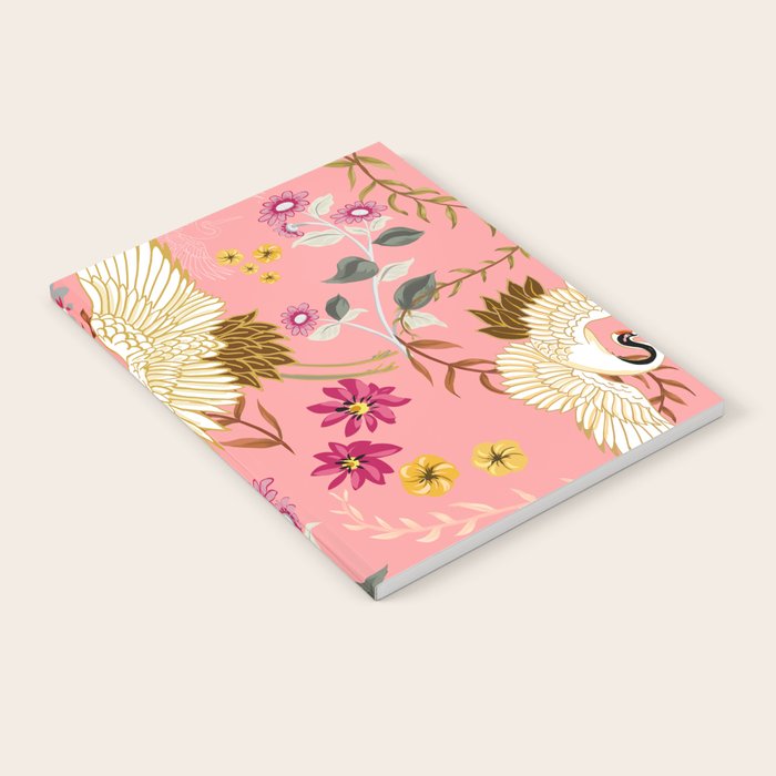 Chinoiserie cranes on pink, birds, flowers,  Notebook