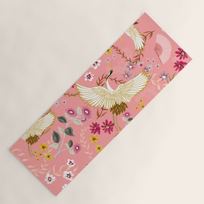 Chinoiserie cranes on pink, birds, flowers,  Yoga Mat Gallery Image 1