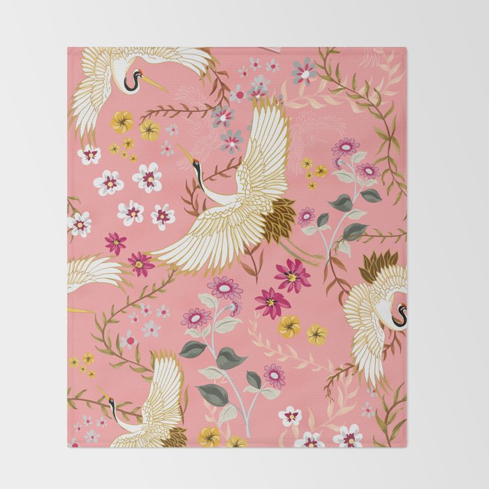 Chinoiserie cranes on pink, birds, flowers,  Throw Blanket Gallery Image 2
