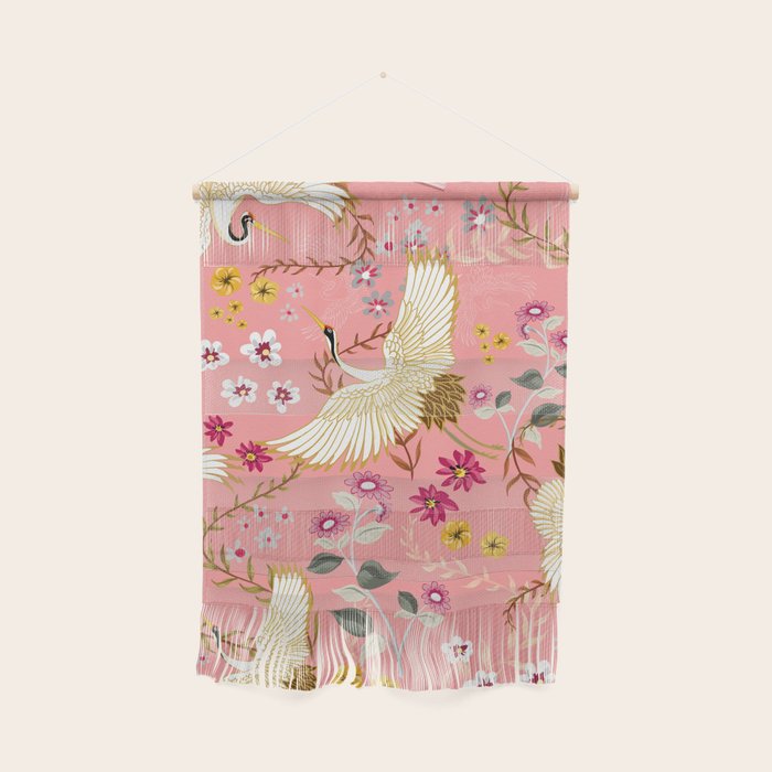 Chinoiserie cranes on pink, birds, flowers,  Wall Hanging Gallery Image 1