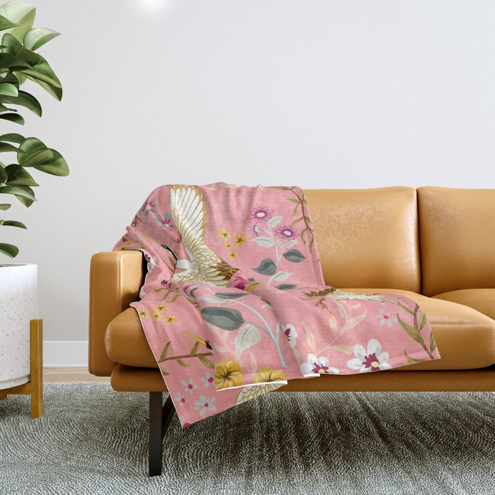 Chinoiserie cranes on pink, birds, flowers,  Throw Blanket Gallery Image 1