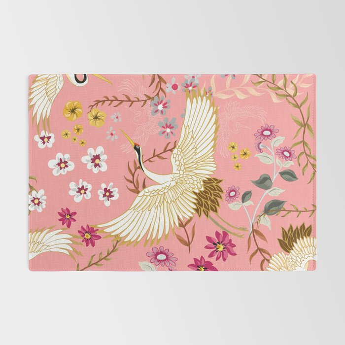 Chinoiserie cranes on pink, birds, flowers,  Rug Gallery Image 2