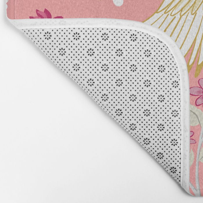 Chinoiserie cranes on pink, birds, flowers,  Bath Mat Gallery Image 2