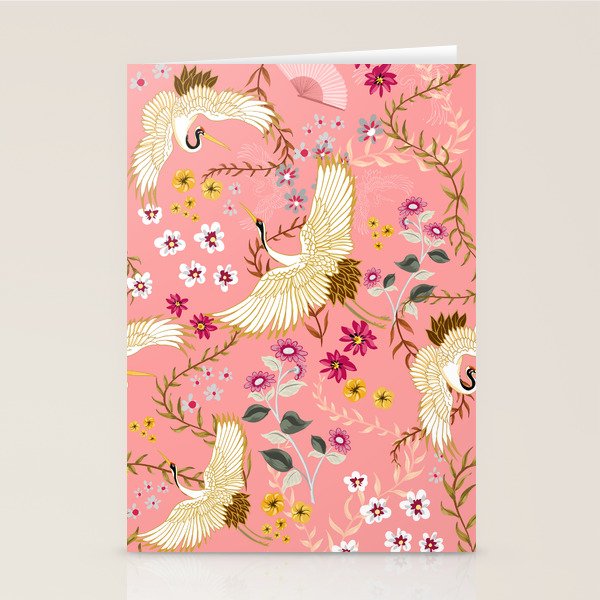 Chinoiserie cranes on pink, birds, flowers,  Stationery Card Gallery Image 2
