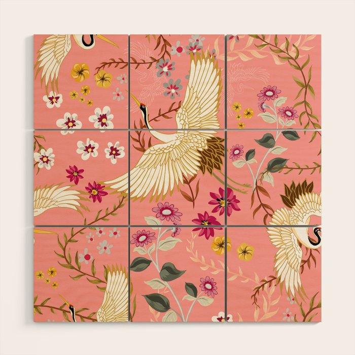 Chinoiserie cranes on pink, birds, flowers,  Wood Wall Art Gallery Image 1