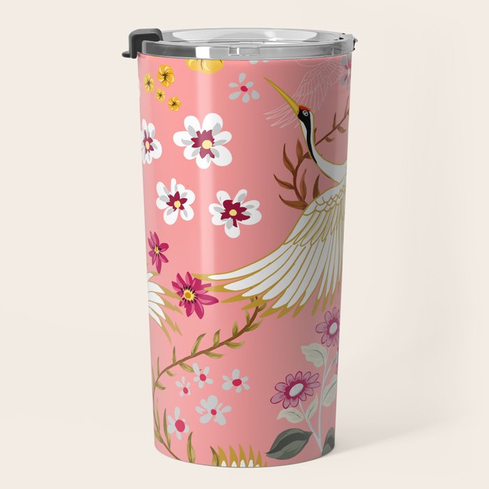 Chinoiserie cranes on pink, birds, flowers,  Travel Mug Gallery Image 3