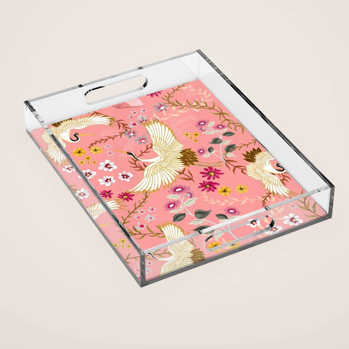 Chinoiserie cranes on pink, birds, flowers,  Acrylic Tray Gallery Image 1
