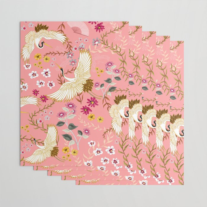 Chinoiserie cranes on pink, birds, flowers,  Wrapping Paper Gallery Image 3