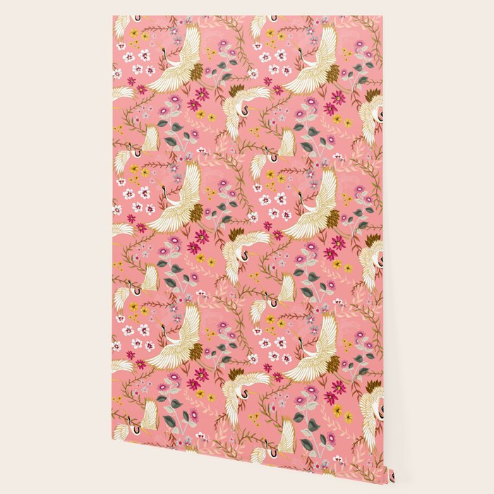 Chinoiserie cranes on pink, birds, flowers,  Wallpaper Gallery Image 2