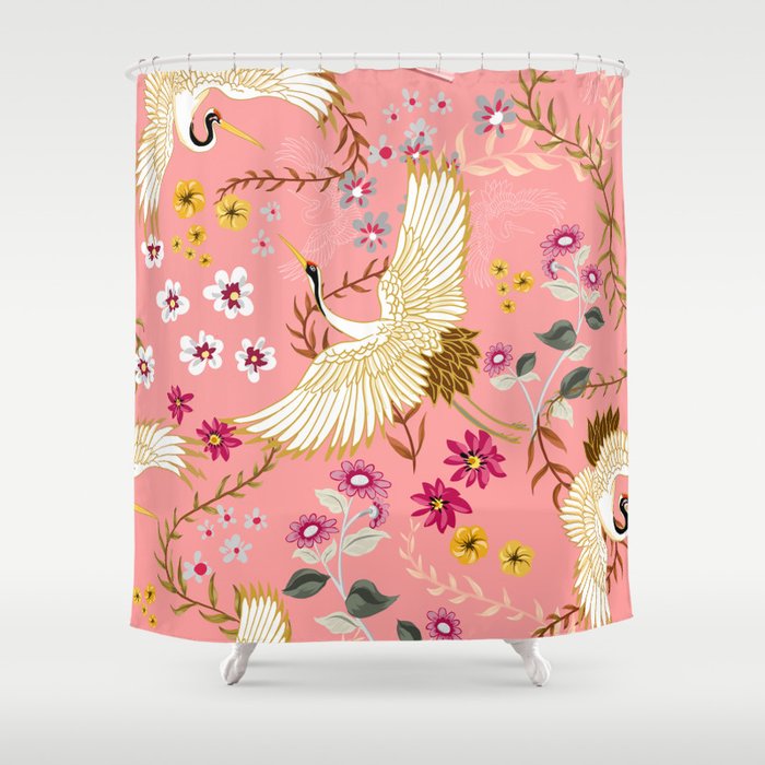 Chinoiserie cranes on pink, birds, flowers,  Shower Curtain Gallery Image 1
