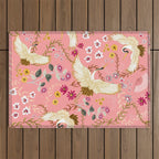 Chinoiserie cranes on pink, birds, flowers,  Outdoor Rug Gallery Image 1