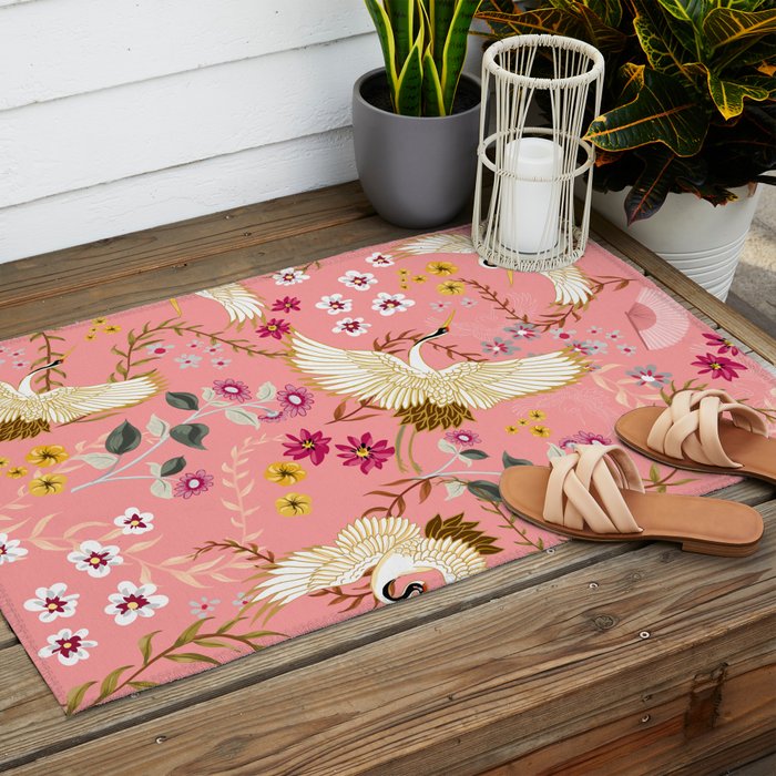 Chinoiserie cranes on pink, birds, flowers,  Outdoor Rug Gallery Image 2