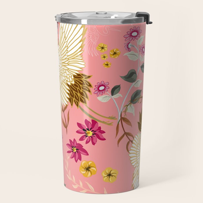 Chinoiserie cranes on pink, birds, flowers,  Travel Mug Gallery Image 2