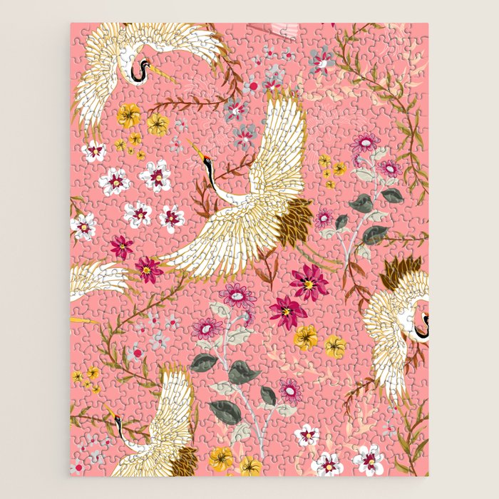 Chinoiserie cranes on pink, birds, flowers,  Jigsaw Puzzle Gallery Image 1