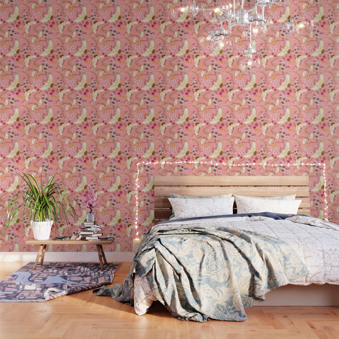 Chinoiserie cranes on pink, birds, flowers,  Wallpaper Gallery Image 1