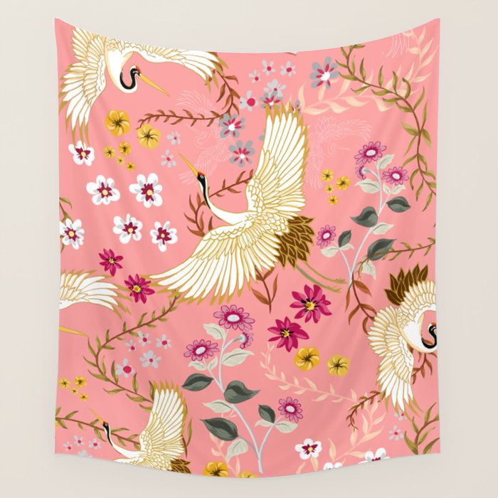 Chinoiserie cranes on pink, birds, flowers,  Wall Tapestry Gallery Image 4