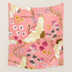 Chinoiserie cranes on pink, birds, flowers,  Wall Tapestry Gallery Image 4