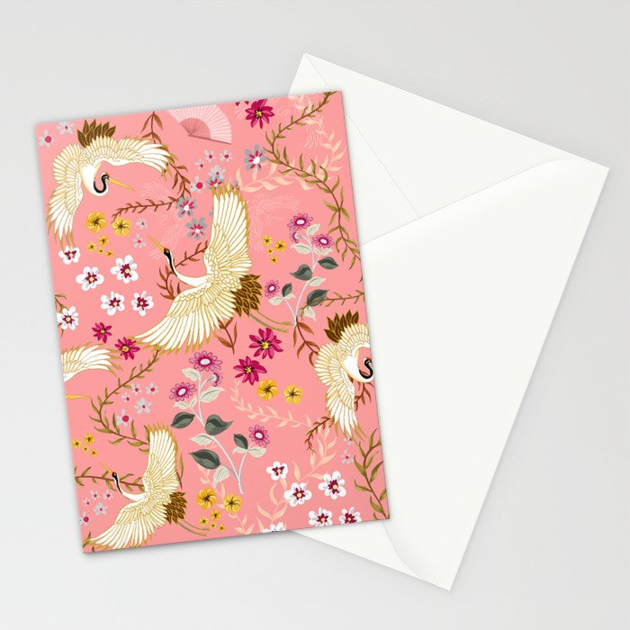 Chinoiserie cranes on pink, birds, flowers,  Stationery Card Gallery Image 2