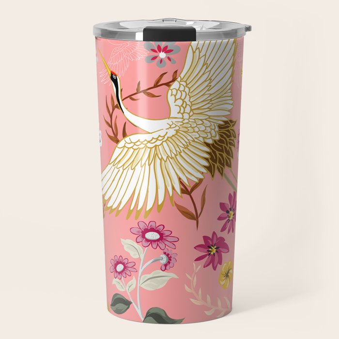 Chinoiserie cranes on pink, birds, flowers,  Travel Mug Gallery Image 1