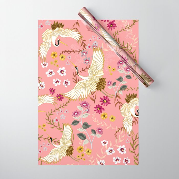 Chinoiserie cranes on pink, birds, flowers,  Wrapping Paper Gallery Image 1