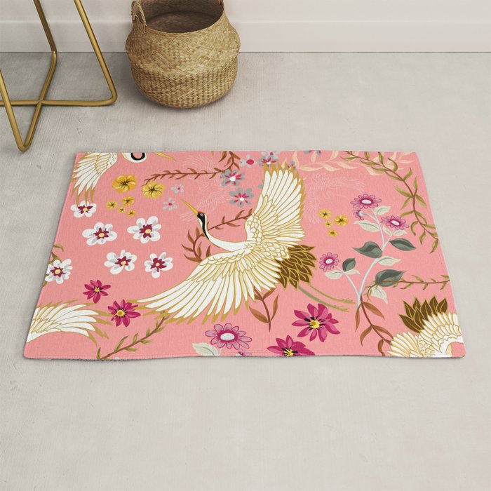Chinoiserie cranes on pink, birds, flowers,  Rug Gallery Image 1