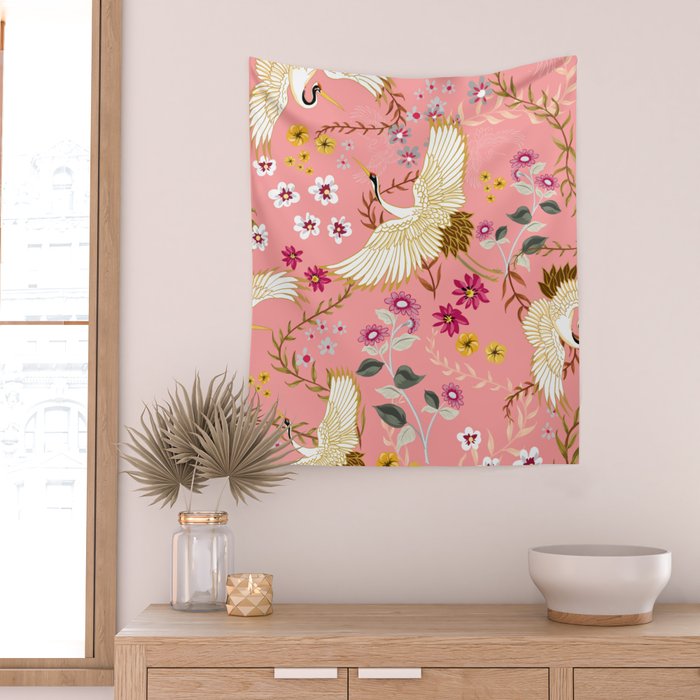 Chinoiserie cranes on pink, birds, flowers,  Wall Tapestry Gallery Image 2