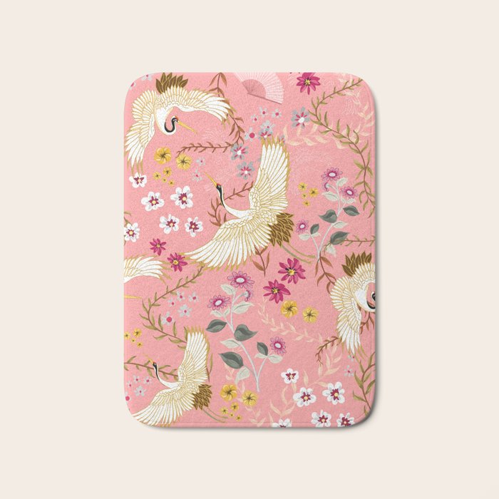 Chinoiserie cranes on pink, birds, flowers,  Bath Mat Gallery Image 1