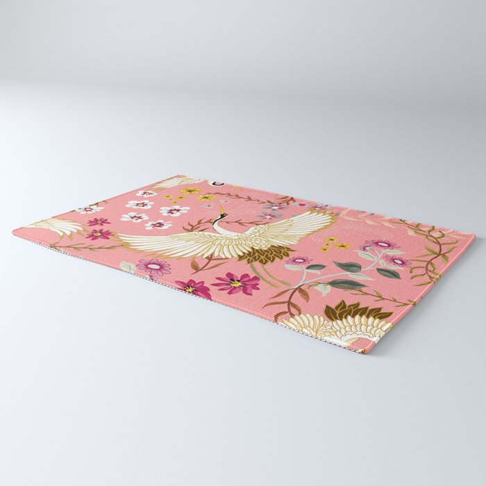 Chinoiserie cranes on pink, birds, flowers,  Rug Gallery Image 3