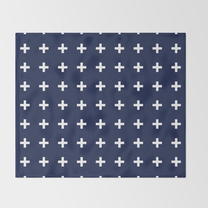 Navy Blue Swiss Cross Minimalist Line Drawing Throw Blanket Gallery Image 2