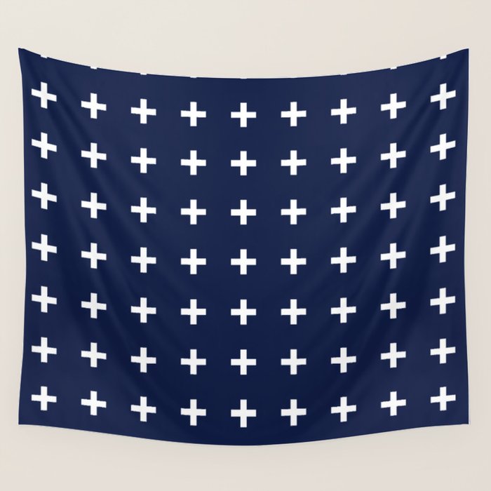 Navy Blue Swiss Cross Minimalist Line Drawing Wall Tapestry Gallery Image 4