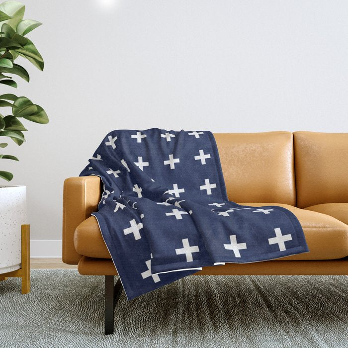 Navy Blue Swiss Cross Minimalist Line Drawing Throw Blanket Gallery Image 1