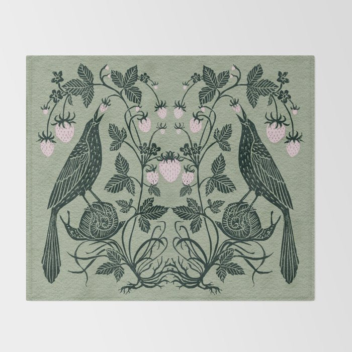Birds and Snails with Strawberries Throw Blanket Gallery Image 2