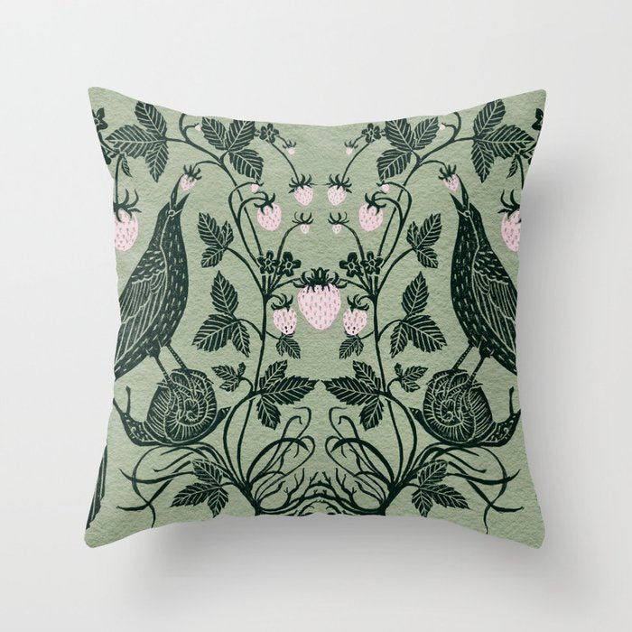 Birds and Snails with Strawberries Throw Pillow Gallery Image 6