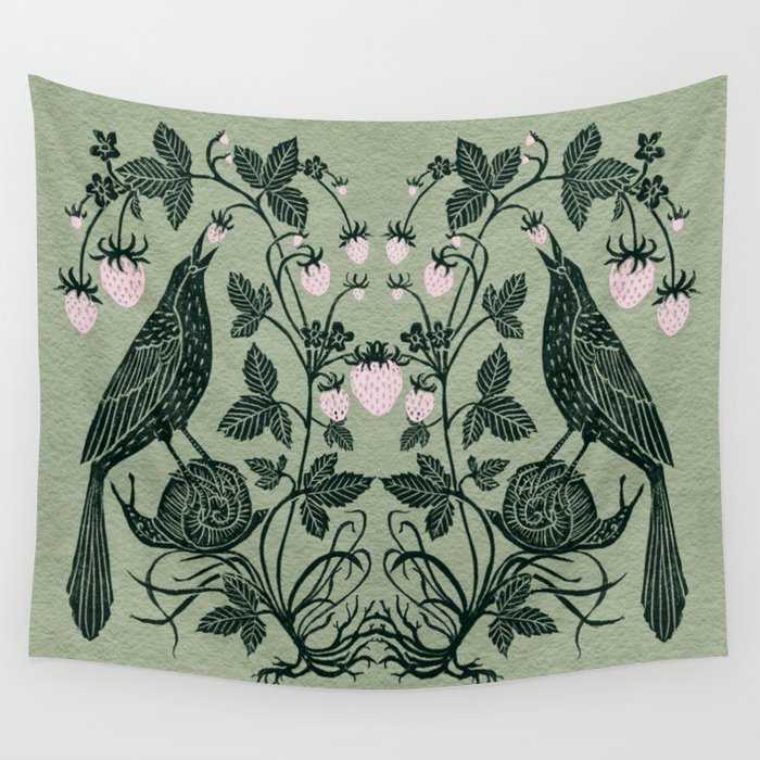 Birds and Snails with Strawberries Wall Tapestry