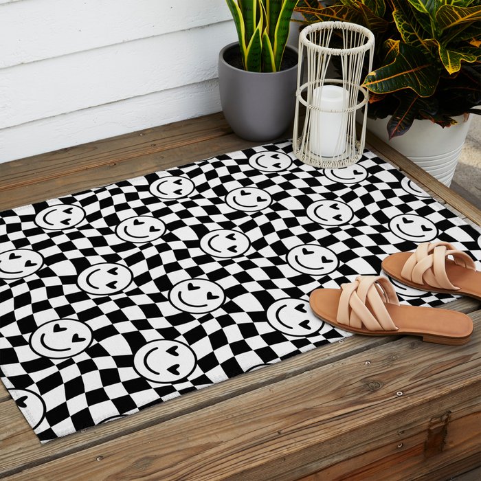 Black and white love eye face checkered pattern Outdoor Rug Gallery Image 2