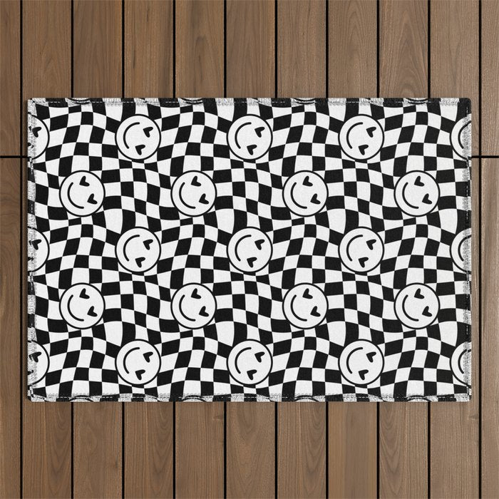 Black and white love eye face checkered pattern Outdoor Rug Gallery Image 1