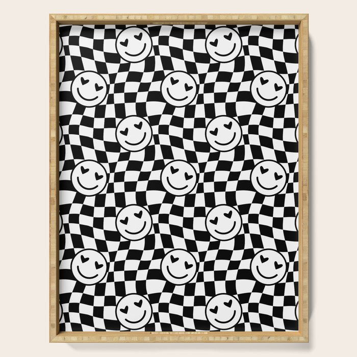 Black and white love eye face checkered pattern Serving Tray Gallery Image 1