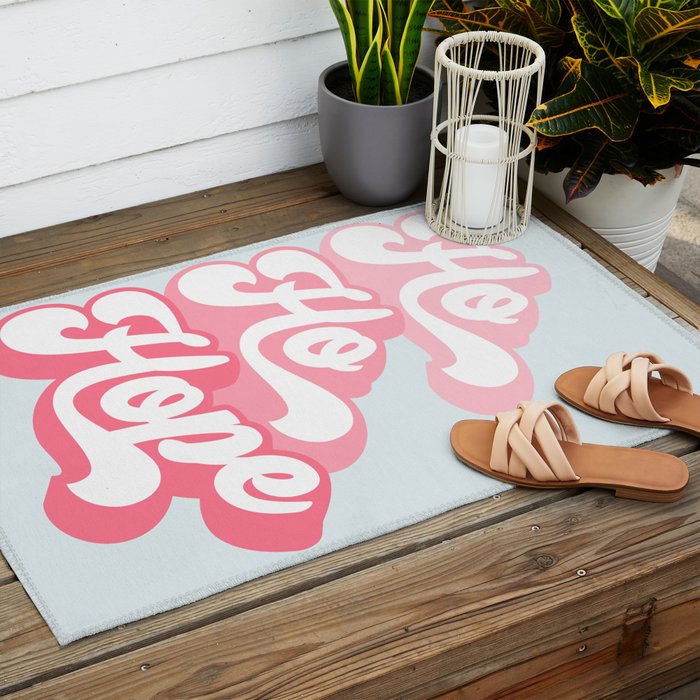 Retro Christmas Pun 'Ho Ho Hope' #positivevibes #Pink Outdoor Rug Gallery Image 2