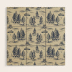 Alien Abduction Toile De Jouy Pattern in Blue Wood Wall Art Gallery Image 1