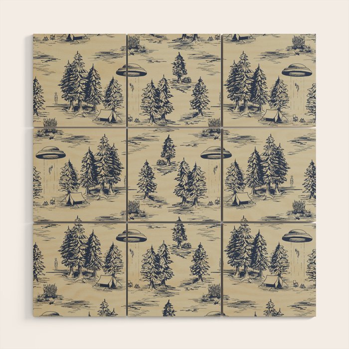 Alien Abduction Toile De Jouy Pattern in Blue Wood Wall Art Gallery Image 1