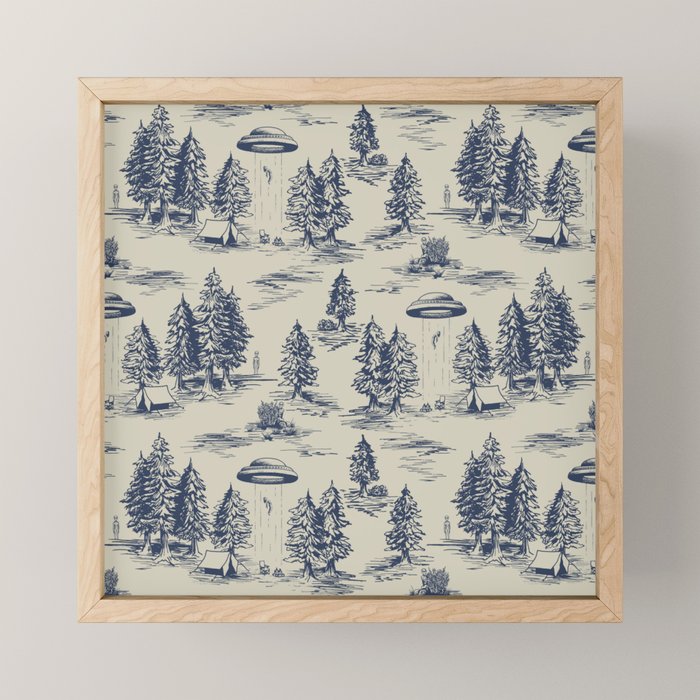 Alien Abduction Toile De Jouy Pattern in Blue Mini Art Print Gallery Image 1