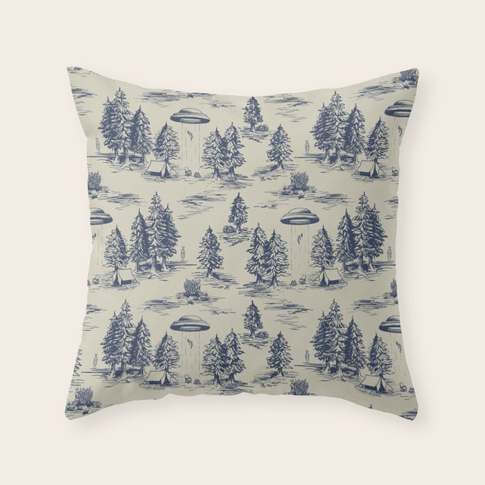 Alien Abduction Toile De Jouy Pattern in Blue Throw Pillow Gallery Image 6