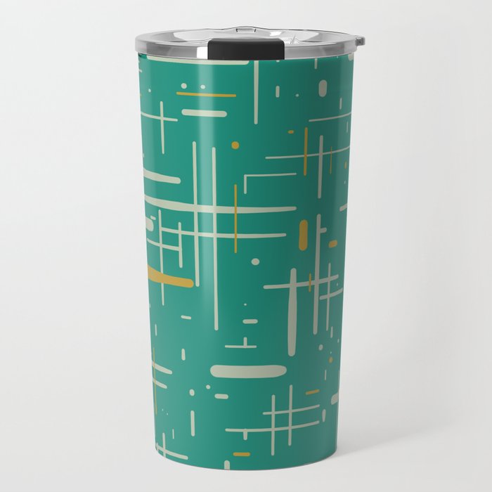 Mid-Century Modern Kinetikos Pattern in Teal Blue Green, Mustard Gold, and Celadon Travel Mug Gallery Image 1