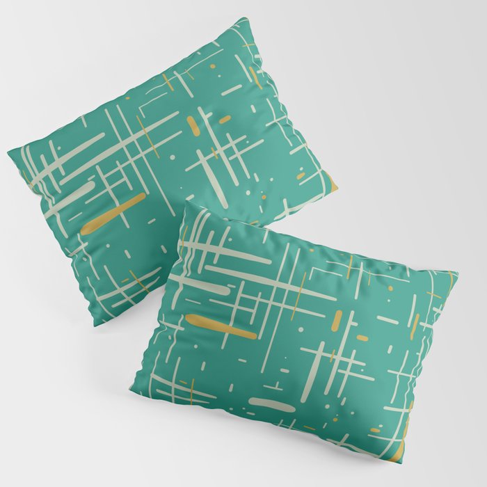 Mid-Century Modern Kinetikos Pattern in Teal Blue Green, Mustard Gold, and Celadon Pillow Sham Gallery Image 1