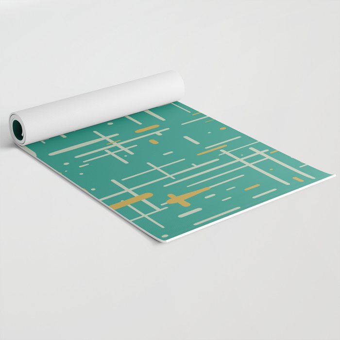 Mid-Century Modern Kinetikos Pattern in Teal Blue Green, Mustard Gold, and Celadon Yoga Mat Gallery Image 2