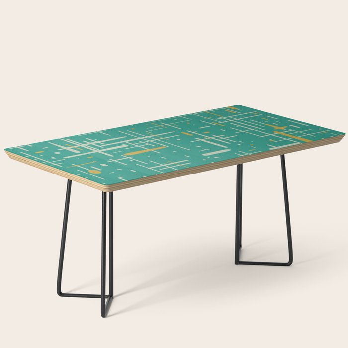 Mid-Century Modern Kinetikos Pattern in Teal Blue Green, Mustard Gold, and Celadon Coffee Table Gallery Image 1