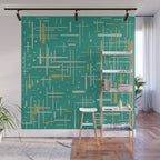 Mid-Century Modern Kinetikos Pattern in Teal Blue Green, Mustard Gold, and Celadon Wall Mural Gallery Image 1
