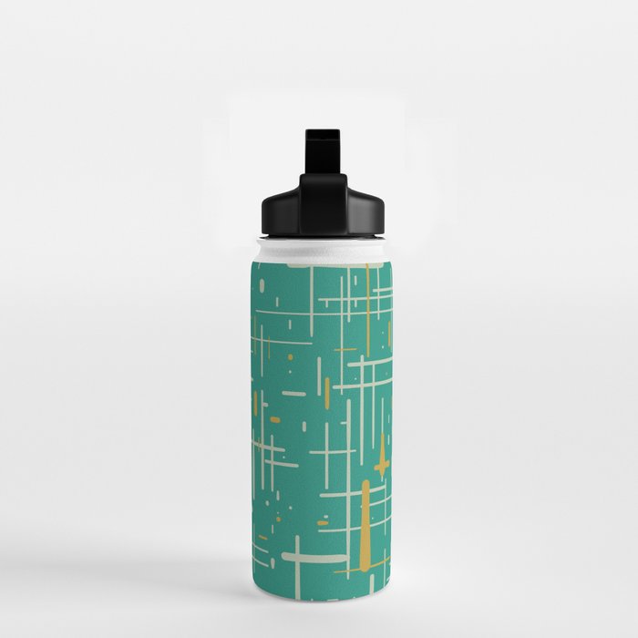 Mid-Century Modern Kinetikos Pattern in Teal Blue Green, Mustard Gold, and Celadon Water Bottle Gallery Image 2