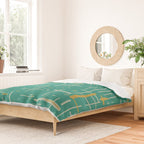 Mid-Century Modern Kinetikos Pattern in Teal Blue Green, Mustard Gold, and Celadon Duvet Cover Gallery Image 2