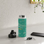 Mid-Century Modern Kinetikos Pattern in Teal Blue Green, Mustard Gold, and Celadon Water Bottle Gallery Image 4